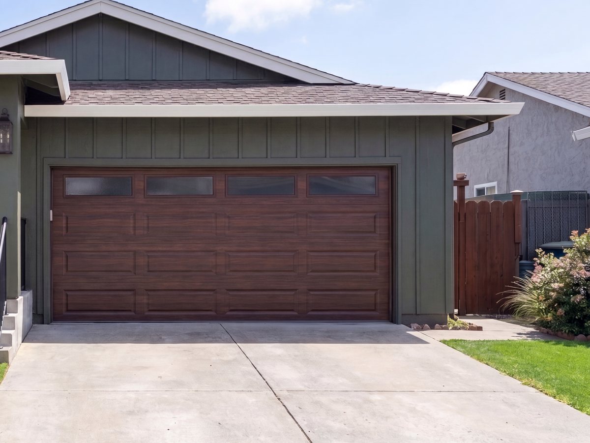 New two car garage door in stained wood with board and batten siding and a poured driveway